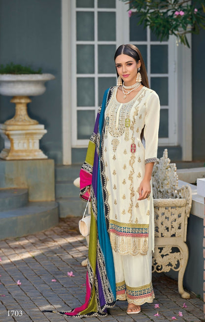 Anaita White Premium Embroidered Chinon Stitched Salwar Suit