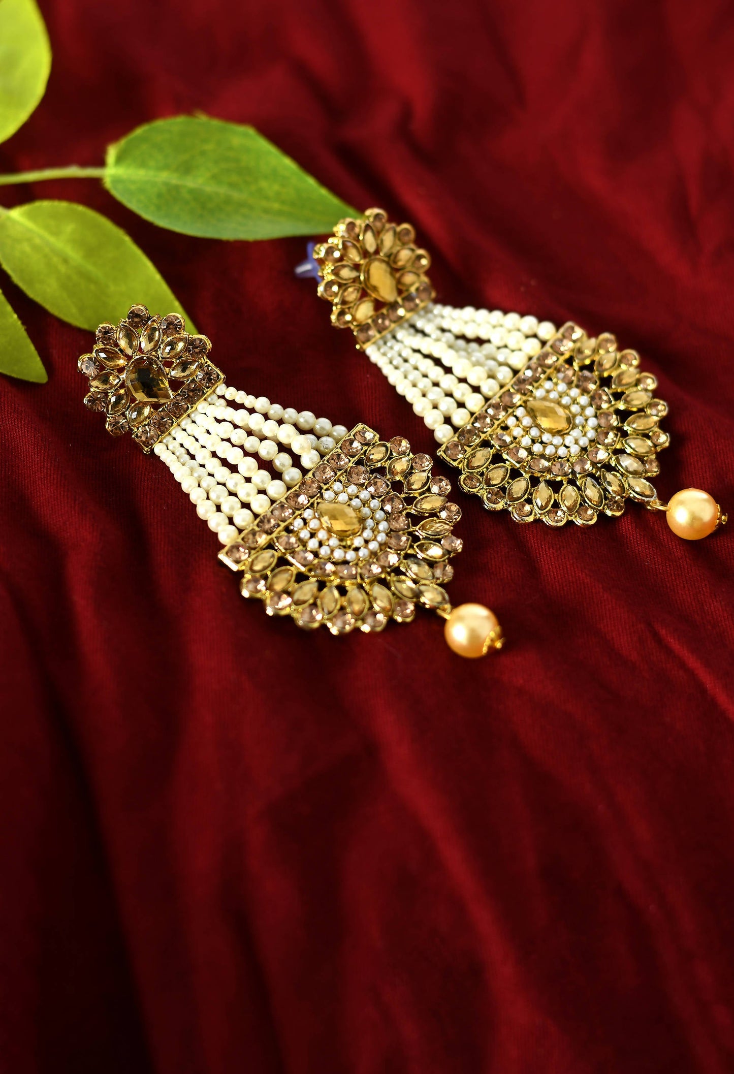 Mominos Fashion Johar Kamal Earrings With Kundan & Pearls Work