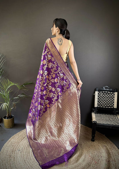 Joban Fashion Purple Floral & Ethnic Motifs Design Soft Silk Meenakari Banarasi Saree