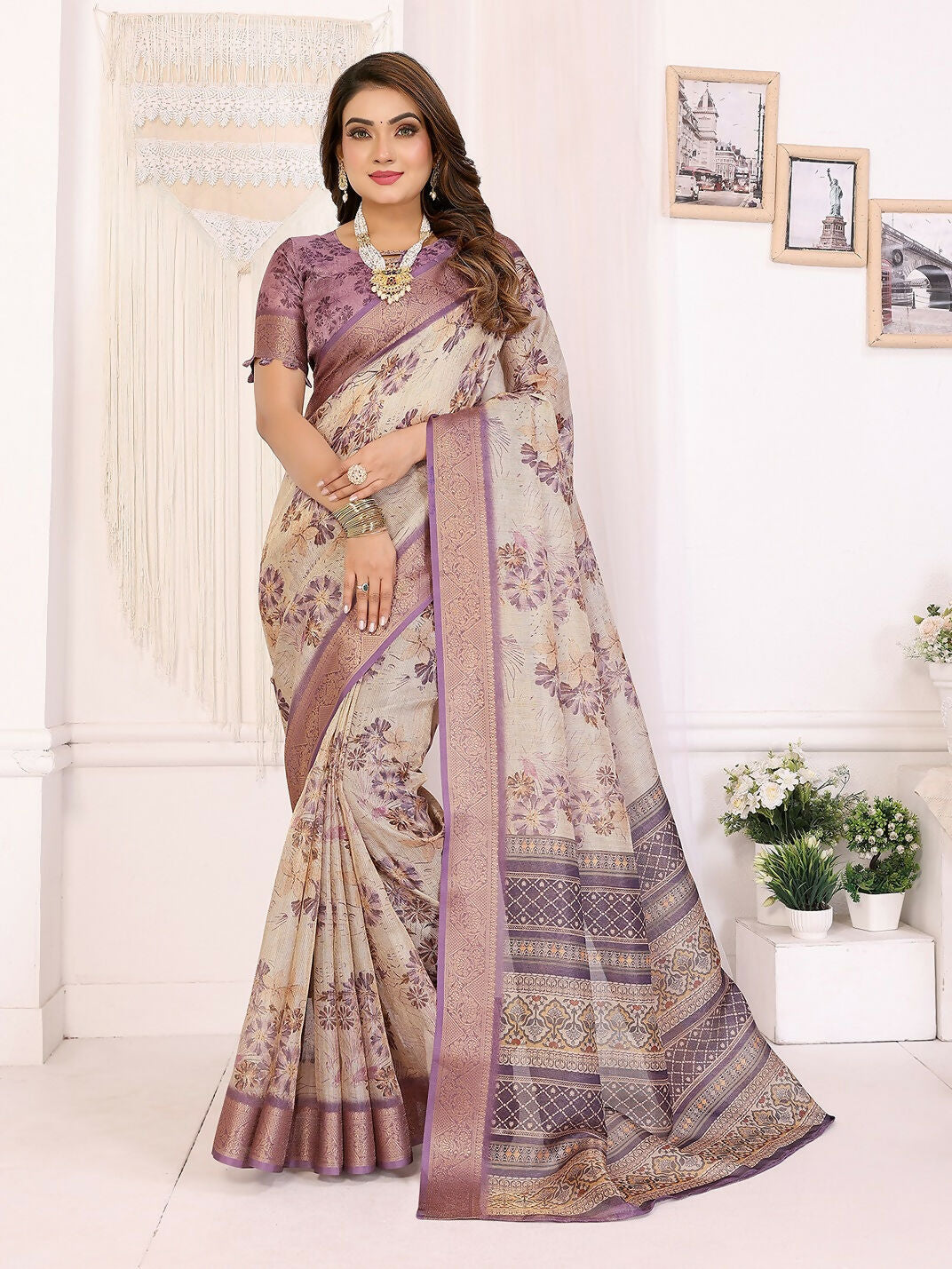 Joban Fashion Lavender Floral Print pattern Banarasi Silk Sarees