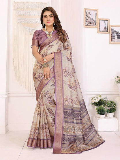 Joban Fashion Lavender Floral Print pattern Banarasi Silk Sarees