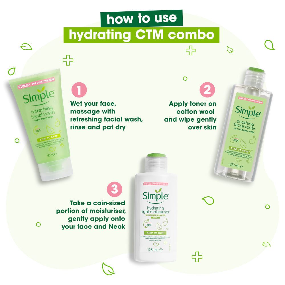 Simple Skincare Skin Refreshing Facial Wash, Soothing Facial Toner & Hydrating Light Moisturiser Combo