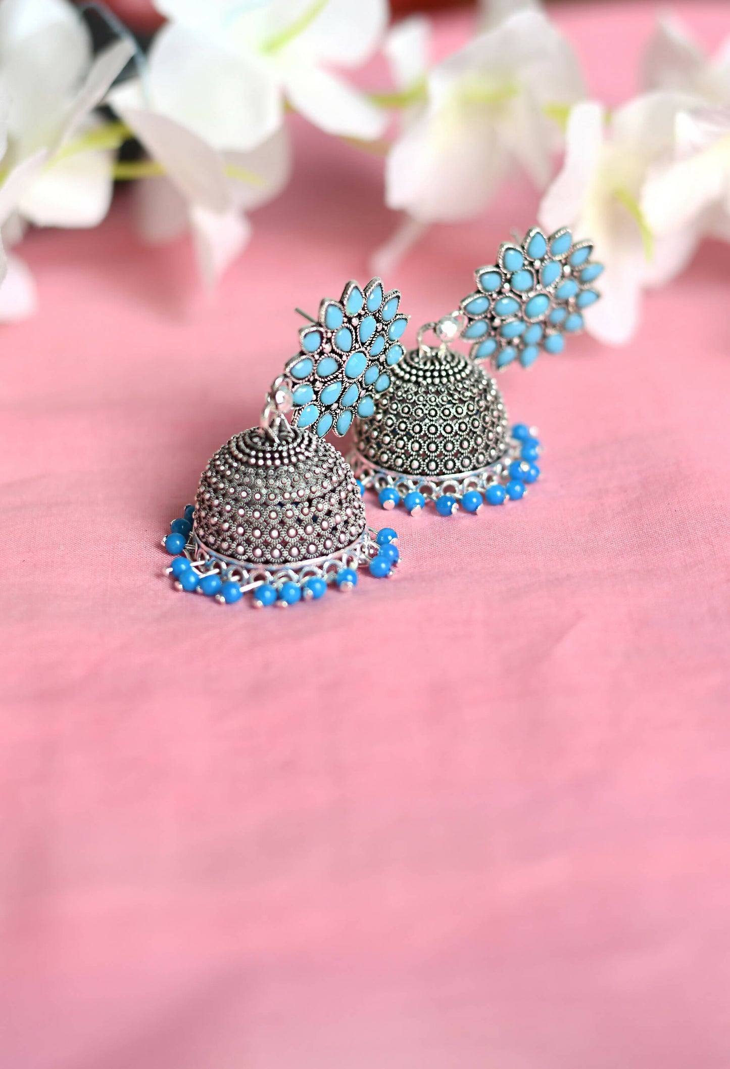 Mominos Fashion Joharkamal Kundan work Jhumka with Sky Blue Beads