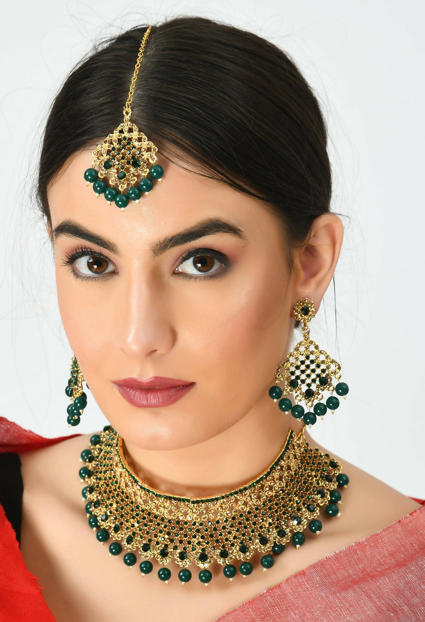 Mominos Fashion Johar Kamal Traditional Rajwadi Design Heavy Golden/Green Color Necklace Set