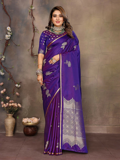 Joban Fashion Purple Floral Motifs Banarasi Silk Sarees