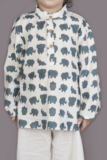 Breathables Kids Cotton Night Suit – White Elephant Print Kurta & Pyjama Co-Ord Set For Boys & Girls