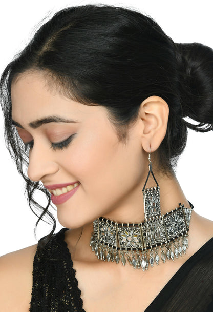 Mominos Fashion Johar Kamal Women Silver-Plated Brass Finish Mirror Work Choker