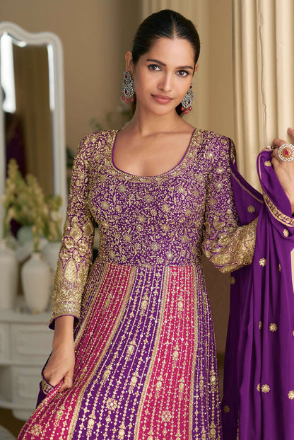 Anaita Purple Georgette Readymade Anarkali Suit with Embroidery Zarkan Work (Free Size)