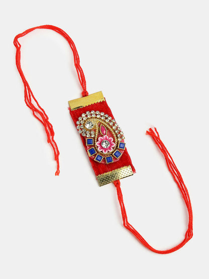 NVR Men Red Stone-Studded Rakhi With Roli Chawal