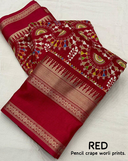Red Cotton Blend Ethnic Motifs Saree with Unstitched Blouse - A2M