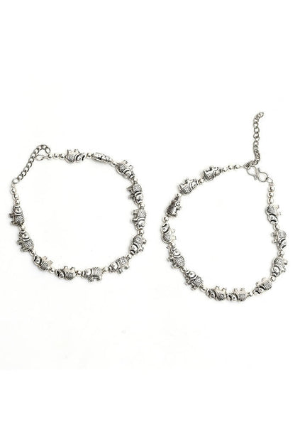 Mominos Fashion Kamal Johar Oxidised Elephant Design Silver Anklets