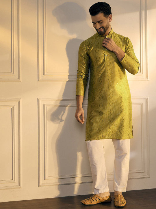 Anouk Mustard Geometric Embroidered Mandarin Collar Pure Cotton Straight Kurta