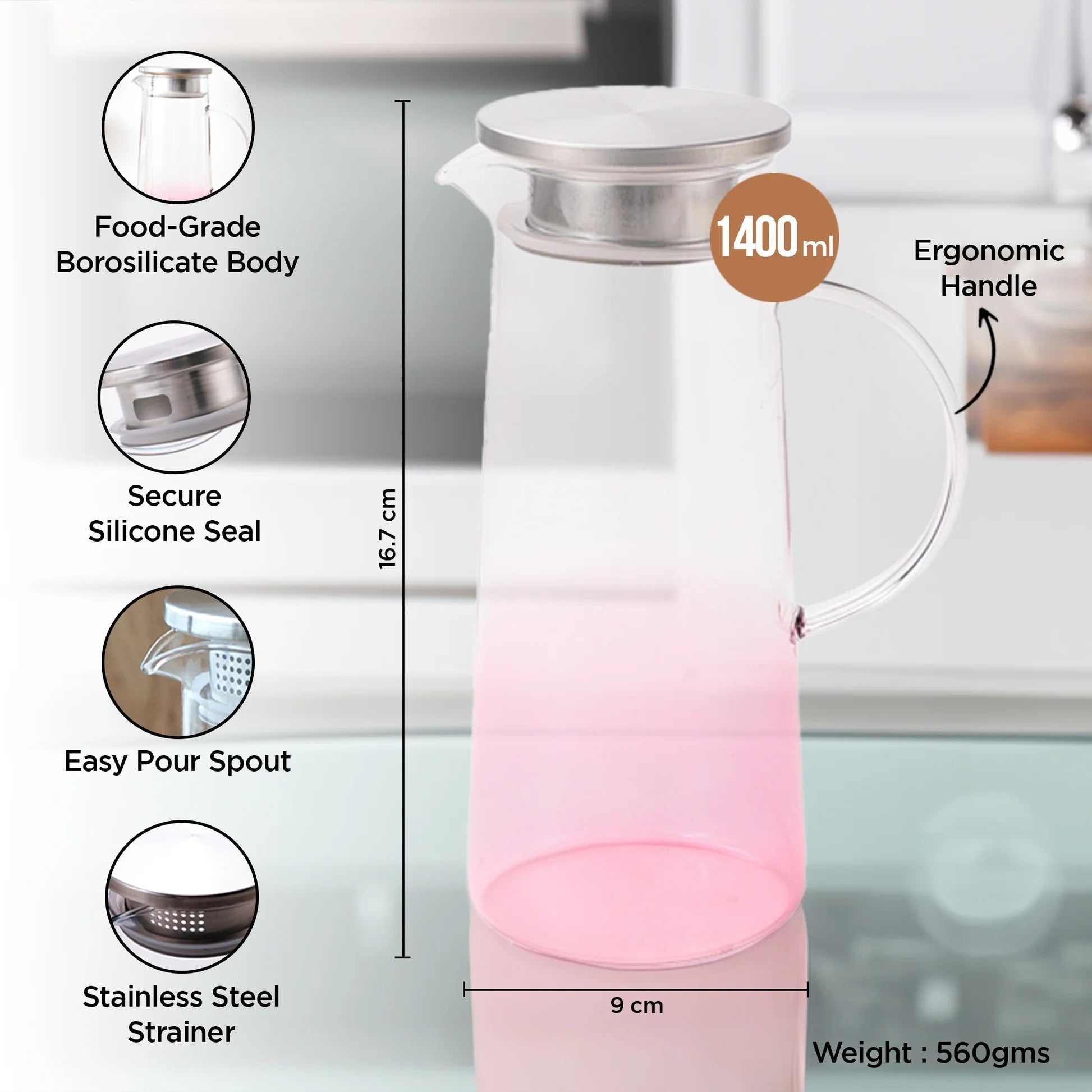 UMAI Premium Borosilicate Glass Jug 1400ml Pink SS Lid Leakproof LP063-PNK