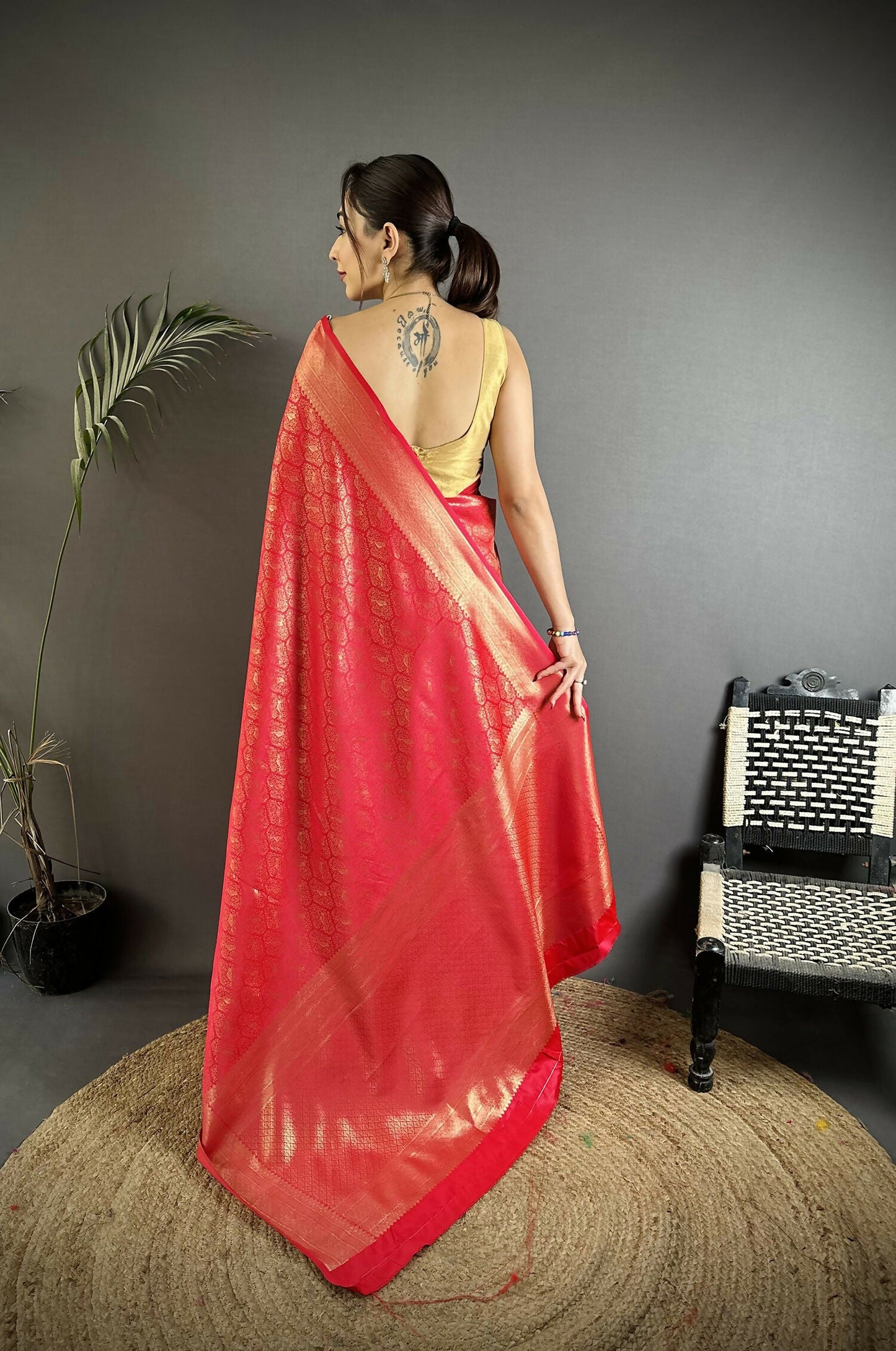 Joban Fashion Red Paisley & Floral Soft Satin Silk Banarasi Silk Saree