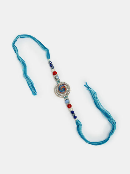 NVR Women & Men Set of 2 Blue Kundan-Studded & Beaded Bhaiya Bhabhi Rakhi With Roli Chawal