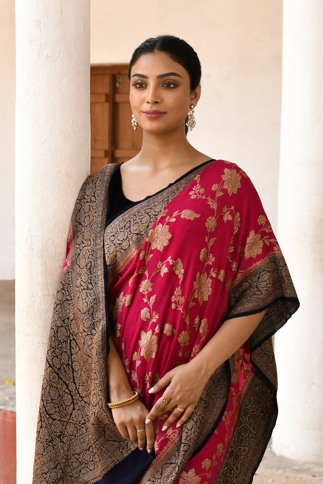 Joban Fashion Fuchsia Crepe Chiffon Pure Handloom Banarasi Silk Saree