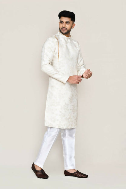 Joban Fashion Cream Colored Jacquard Silk Fabric Kurta With Straight Fit Pant