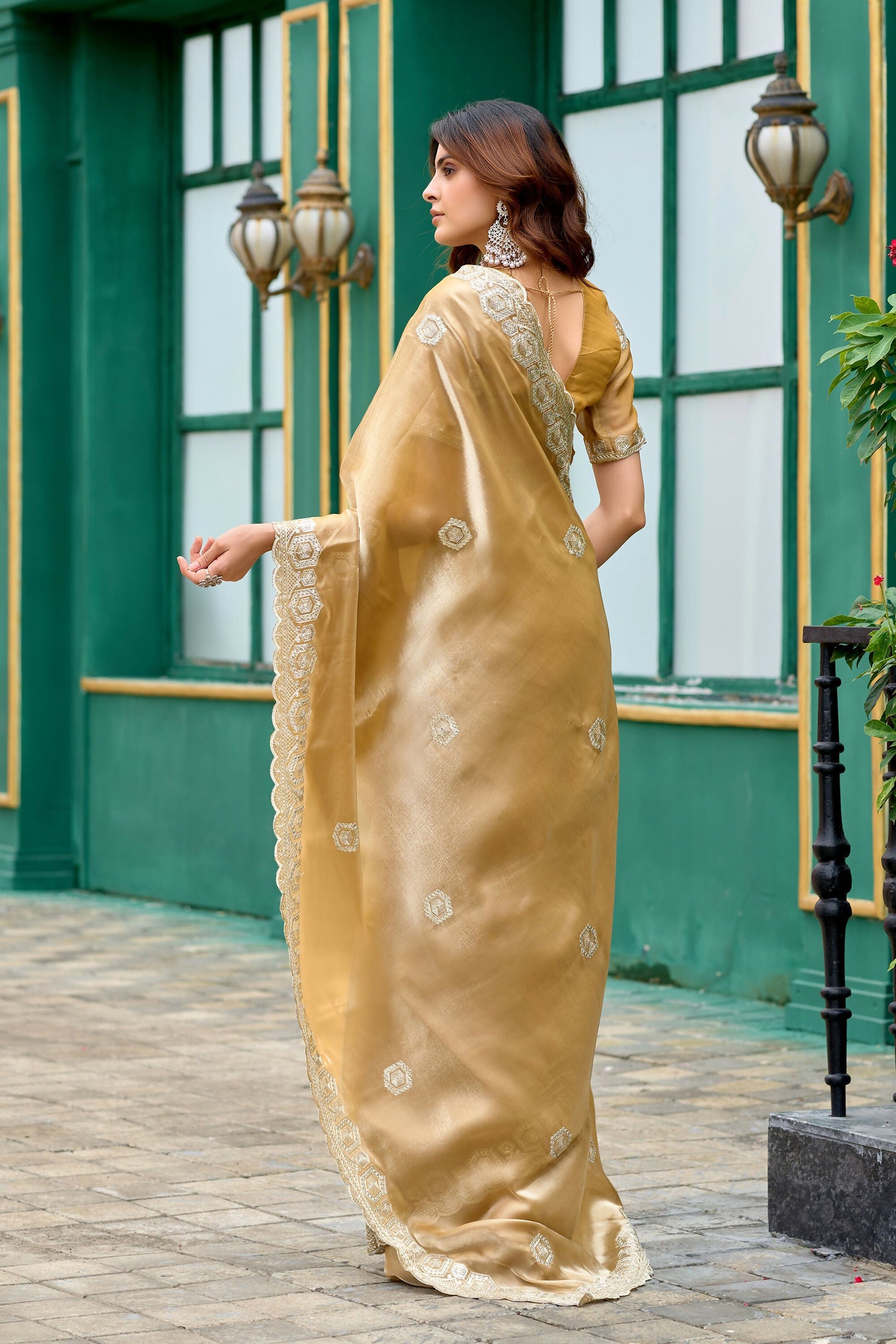 Vastranavya Beige Embroidery Work Shimmer Chiffon Saree with Unstitched Blouse