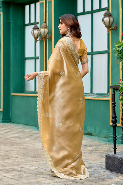 Vastranavya Beige Embroidery Work Shimmer Chiffon Saree with Unstitched Blouse