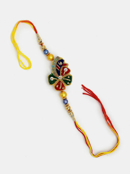 NVR Women & Men Set of 2 Multicolor Thread Work & Beaded Bhaiya Bhabhi Rakhi With Roli Chawal