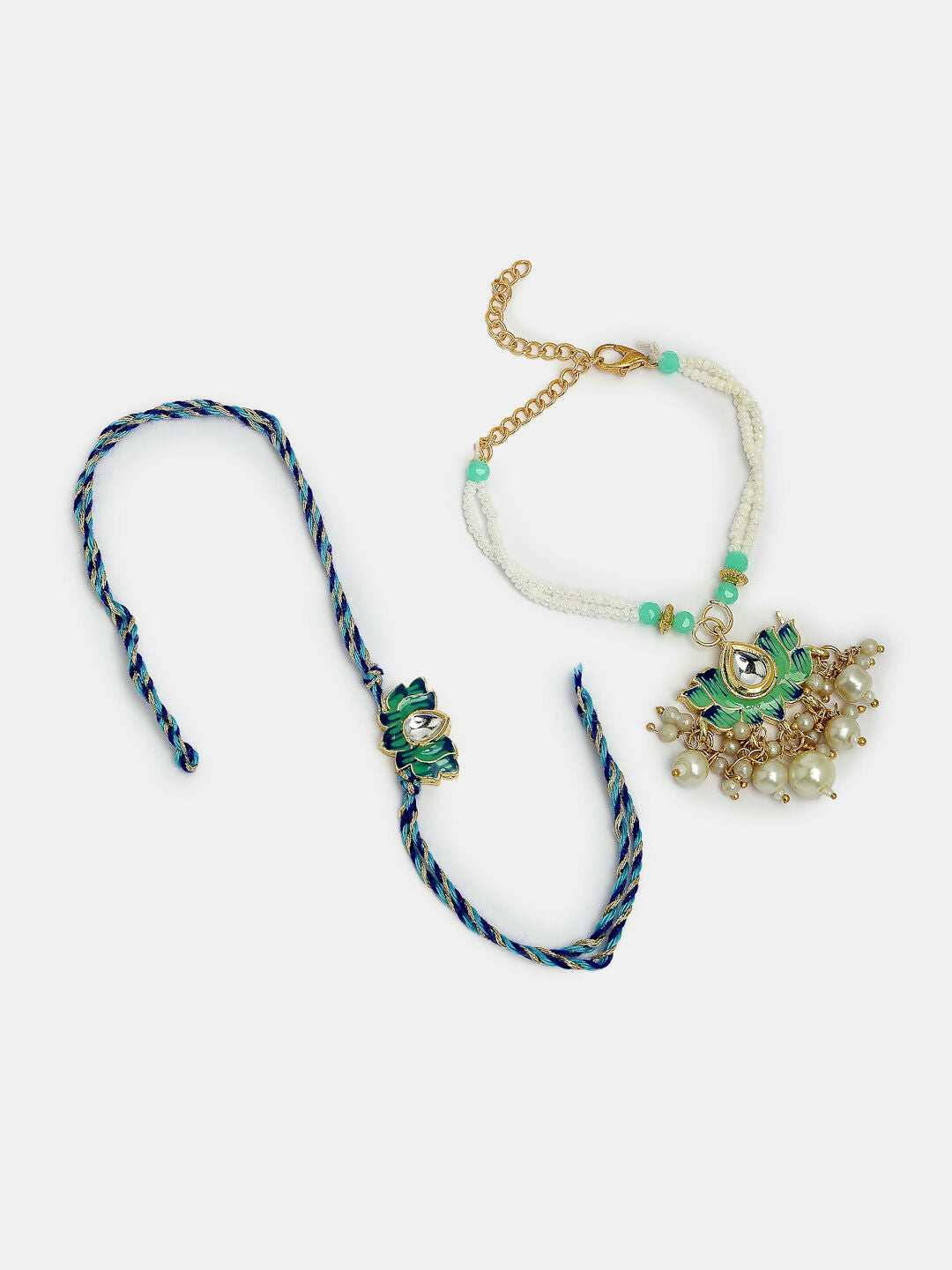NVR Women & Men Set of 2 Turquoise Blue Lotus Shape Kundan-Studded & Beaded Handcrafted Wraparound Rakhi Set With Roli Chawal