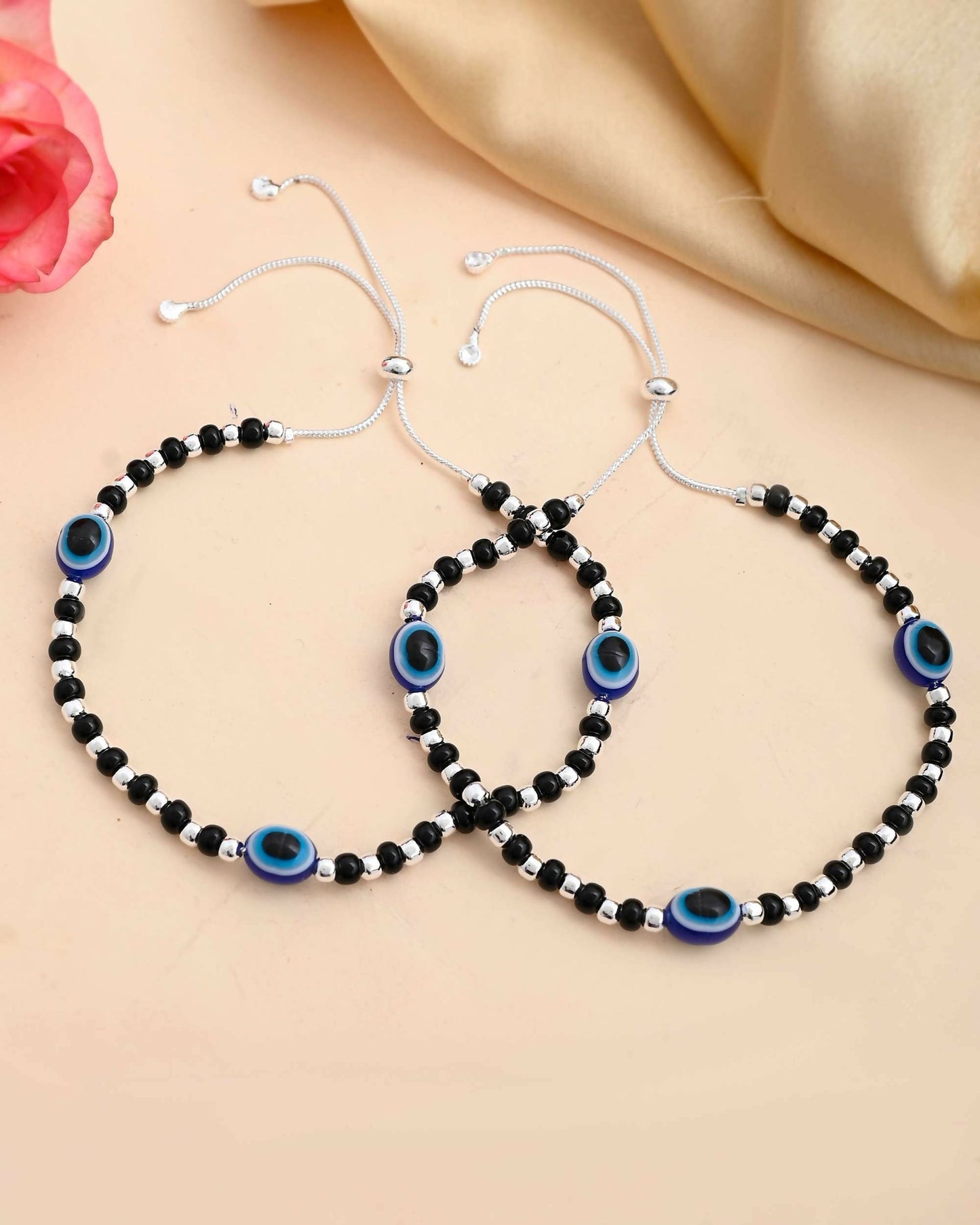 VOJ Set of 2 Silver Plated Evil Eye With Black And Silver Beads Anklet