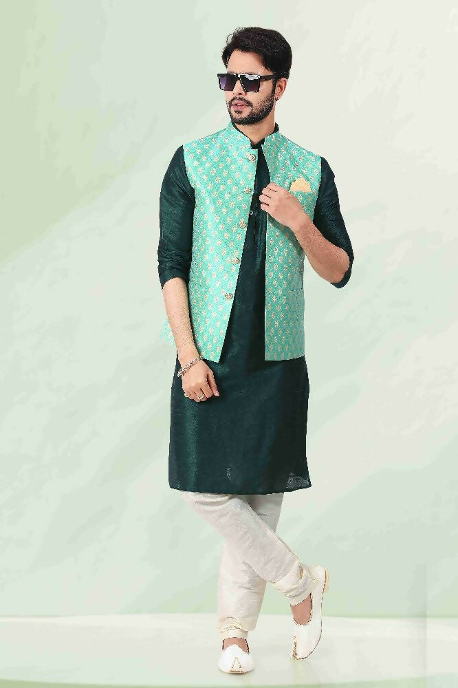 Raivat Ethnic Jacquard Banarasi Silk Woven Work 3 Pics Jacket Set In Pista Green Colour