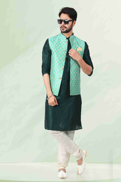 Raivat Ethnic Jacquard Banarasi Silk Woven Work 3 Pics Jacket Set In Pista Green Colour