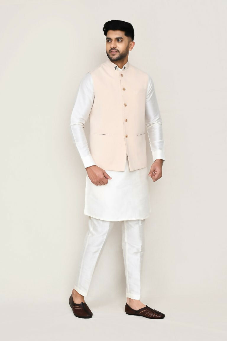 Joban Fashion White Colored Art Silk Fabric Kurta, Jacket With Straight Fit Pant