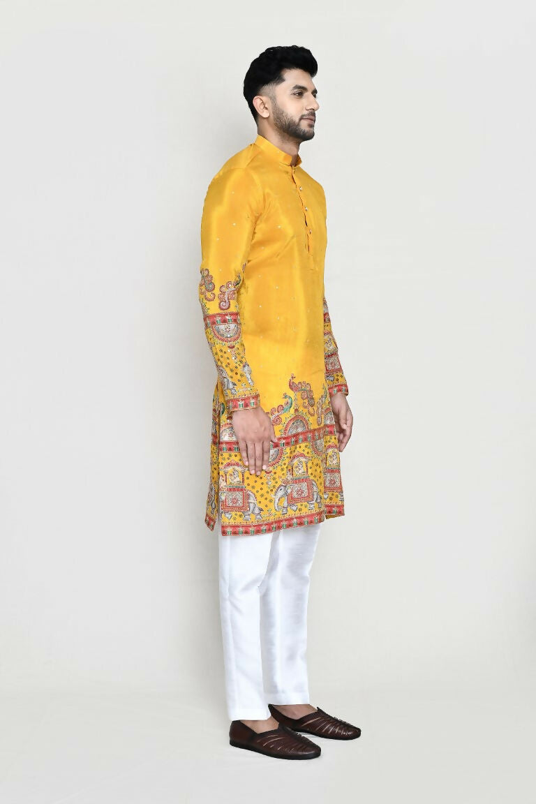 Joban Fashion White Colored Rayon Based With Digital & Sequence Work Fabric Kurta,Straight Fit Pant