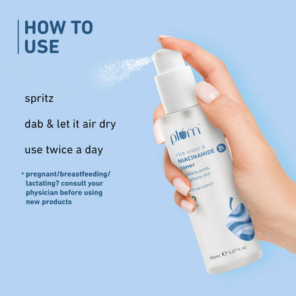 Plum 3% Niacinamide Alcohol-Free Toner With Rice Water and 10% Niacinamide Brightening Face Serum Combo