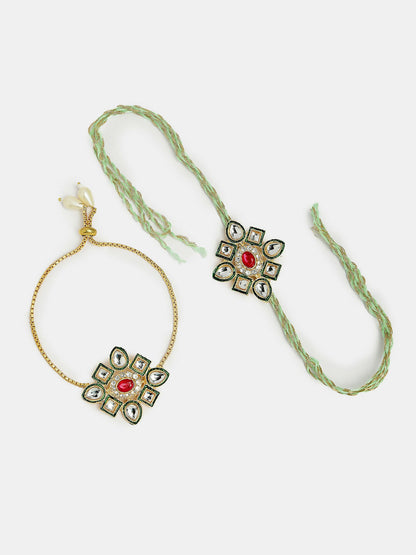 NVR Women & Men Set of 2 Gold Kundan-Studded Handcrafted Wraparound Rakhi Set With Roli Chawal
