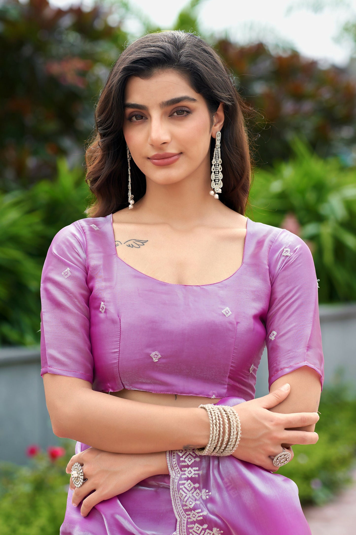 Vastranavya Light Pink Embroidery Work Shimmer Chiffon Saree with Unstitched Blouse
