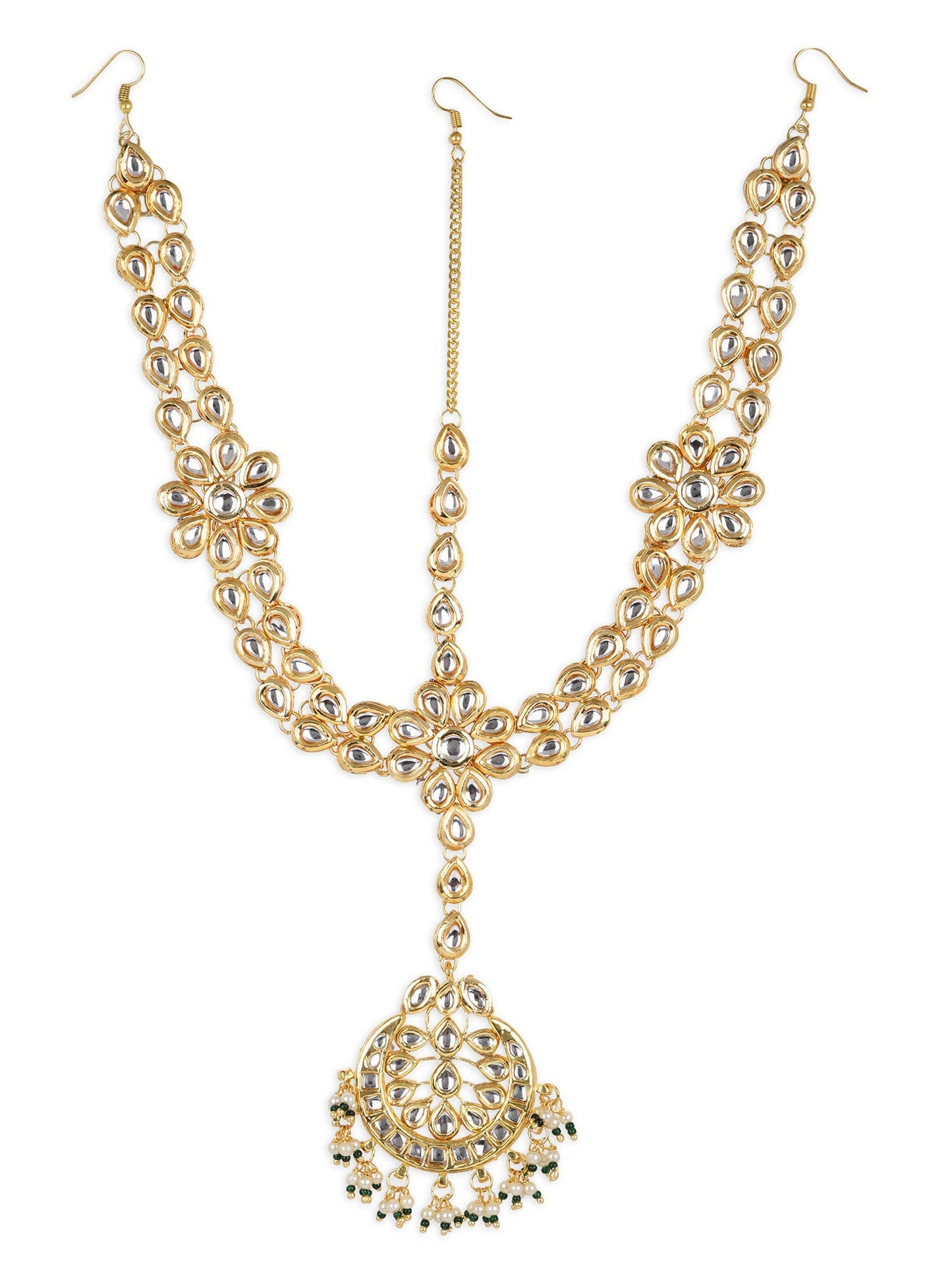 Gold-Polished White Kundan-Studded Pearl Beaded Matha Patti - Ruby Raang