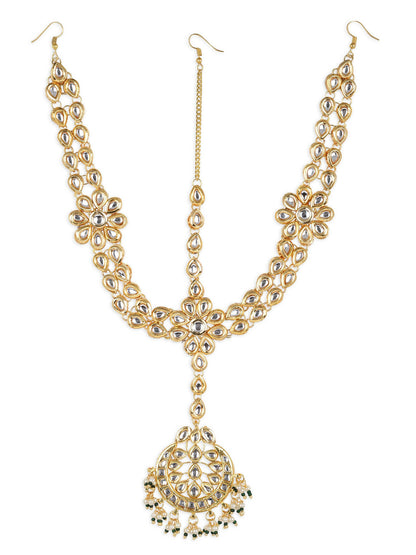 Gold-Polished White Kundan-Studded Pearl Beaded Matha Patti - Ruby Raang