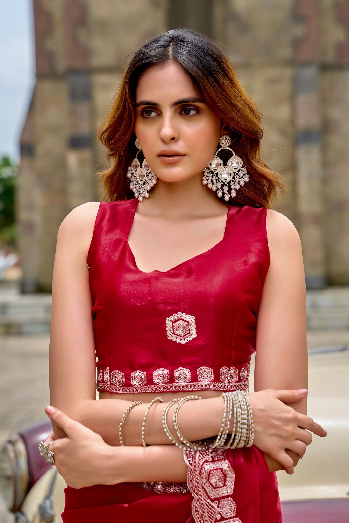 Vastranavya Red Embroidery Work Shimmer Chiffon Saree with Unstitched Blouse