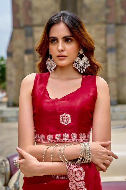 Vastranavya Red Embroidery Work Shimmer Chiffon Saree with Unstitched Blouse