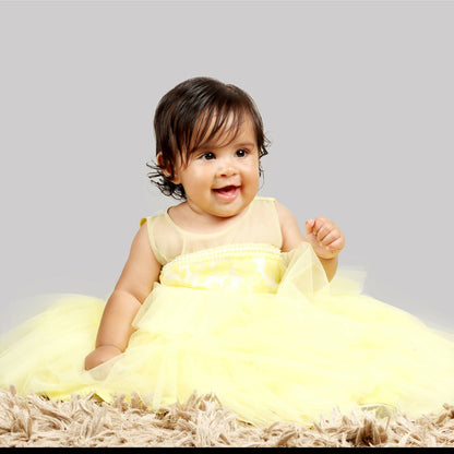 Pink Cow Fashions Yellow Gown With Organza Chest & Net Layer Ghera