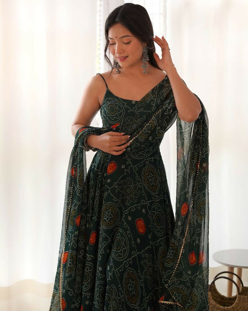 Joban Fashion Bottle Green Kurta Set Chiffon Sequin Embroidery Work