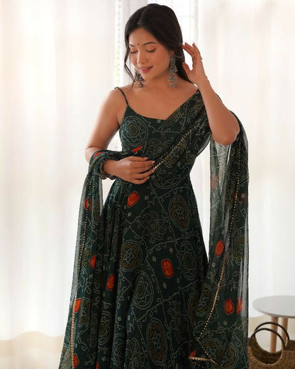 Joban Fashion Bottle Green Kurta Set Chiffon Sequin Embroidery Work