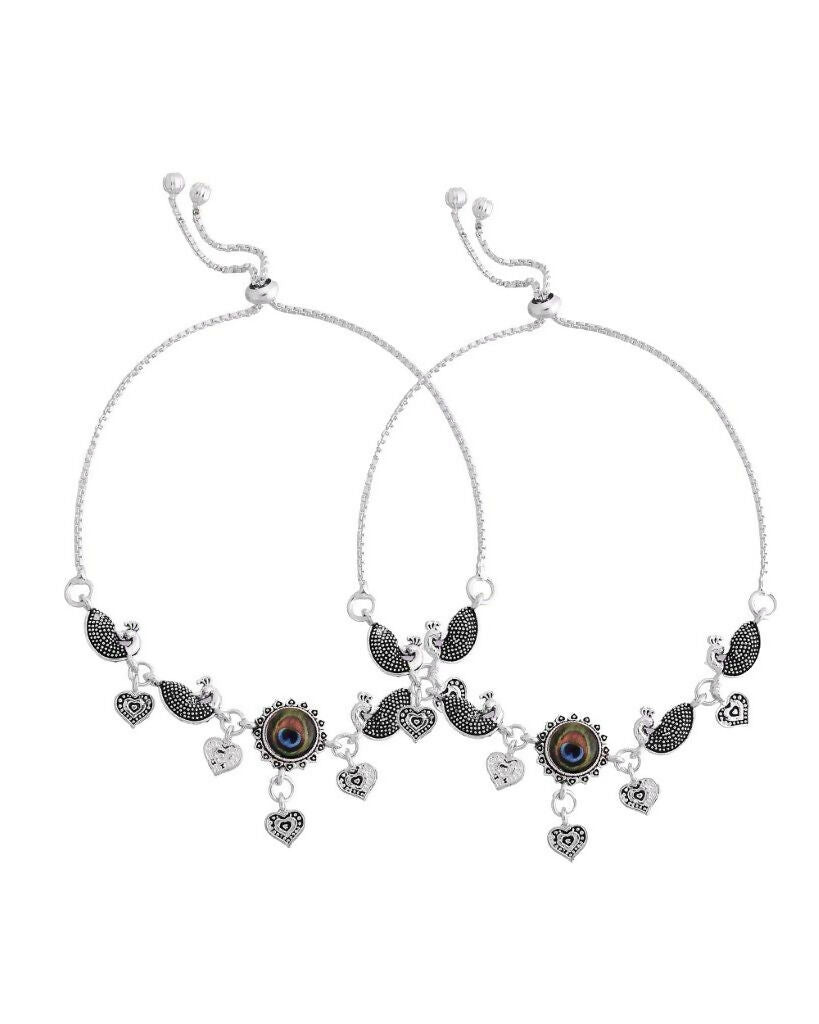 VOJ Set Of 2 Silver Plated Peacock Handcrafted Anklets