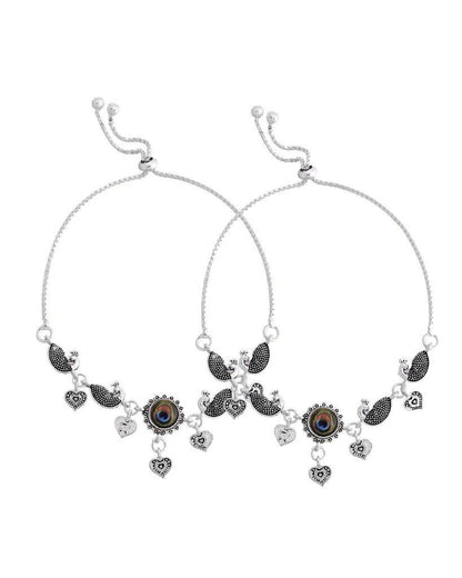 VOJ Set Of 2 Silver Plated Peacock Handcrafted Anklets