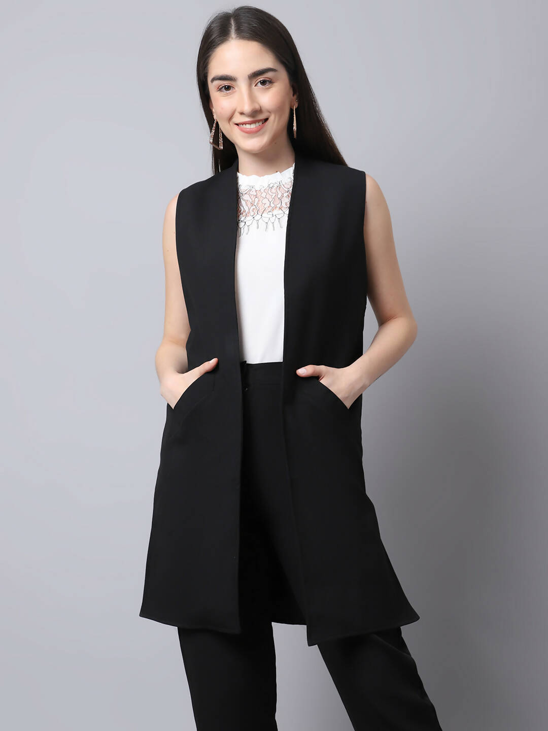 Even Apparels Black Polywool Open Front Women's Long Coat PW668