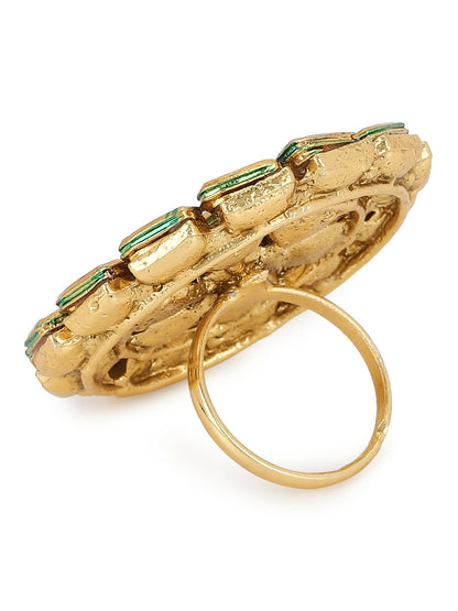 Gold-Polished White Kundan Studded Adjustable Finger Ring - Ruby Raang