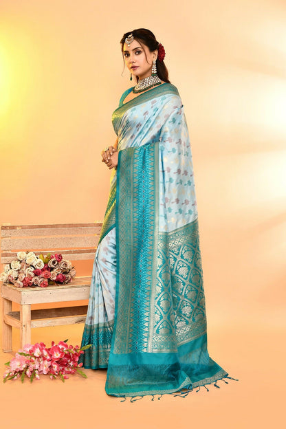 Joban Fashion Sky Blue & Rama Plain With Weaving Border Banarasi Silk Sarees