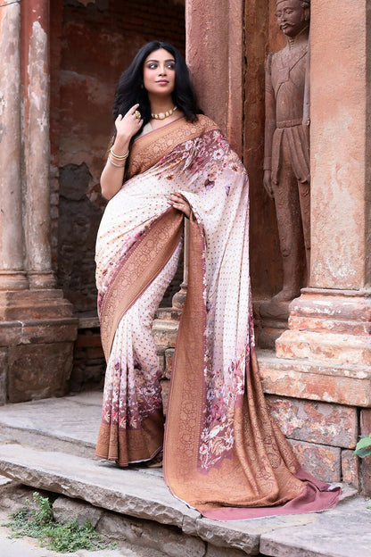 Joban Fashion Ivory And Dusty Rose Crepe Chiffon Pure Handloom Banarasi Silk Saree