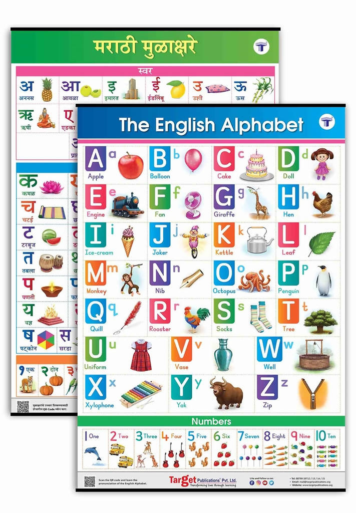 Jumbo Set of 2 Early Learning Charts contains Alphabets & Numbers in English & Marathi for kids