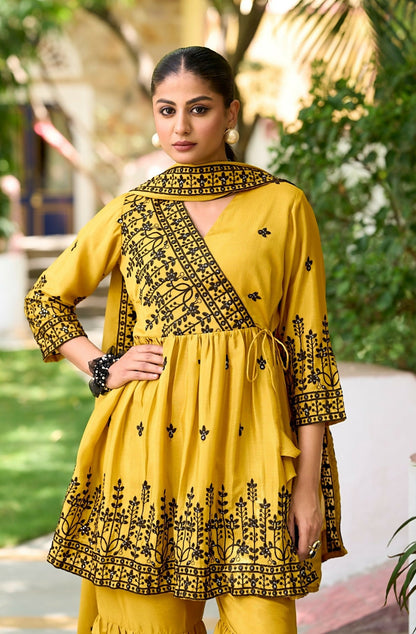 Anaita Yellow Chinon Readymade Sharara Suit with Embroidery Work