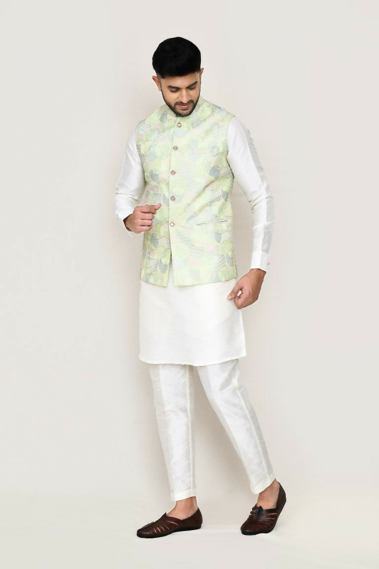 Joban Fashion White Colored Art Silk Fabric Kurta, Jacket With Straight Fit Pant