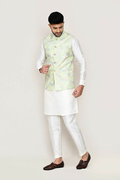 Joban Fashion White Colored Art Silk Fabric Kurta, Jacket With Straight Fit Pant